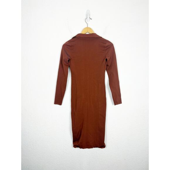 Aritzia Babaton Fame Polo Dress Small Rich Copper Ribbed Long Sleeves Stretch - Picture 12 of 13